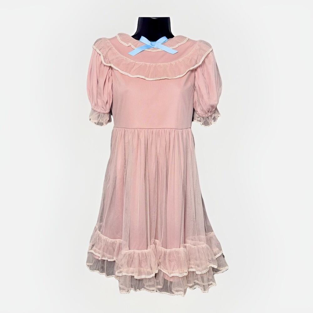 Lolita Dress Teen Small Pink Sheer Lined Puff Ruffle Bow Full Tiers Cosplay